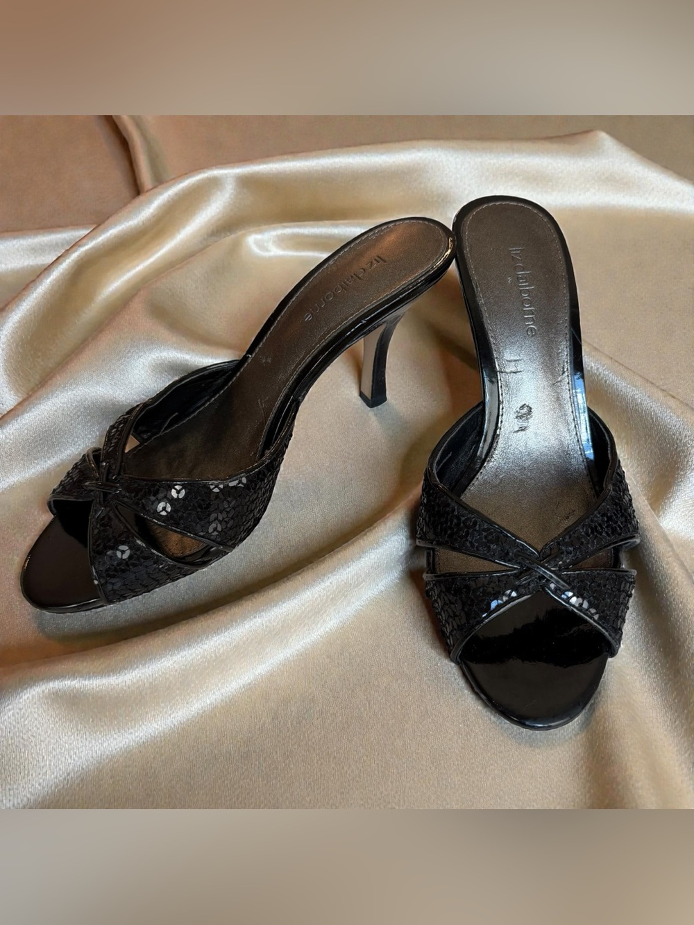 Liz Claiborne Black Sequin Mule Heels Size 6.5M Evening Slide Party Shoes